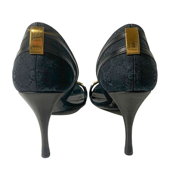 Gucci Black Monogram D’Orsay Heels Size 37C Gold Horsebit Chain Detail Authentic - Picture 8 of 12
